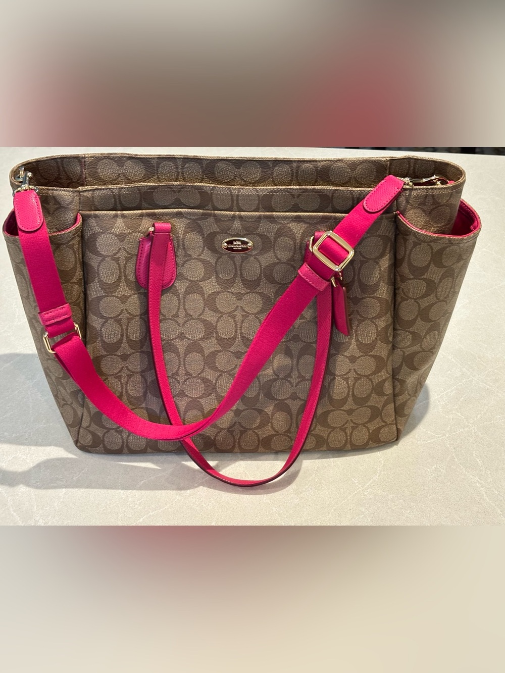 COACH Signature Canvas Tote Diaper Bag Travel Hot Pink Leather Trim Luxury
